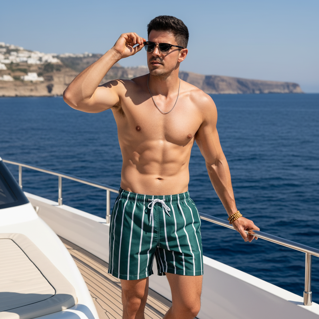 Fit male model wearing AUREN Coastal Stripe Swim Shorts, featuring ocean tones and a relaxed fit, on a yacht deck in a luxuri