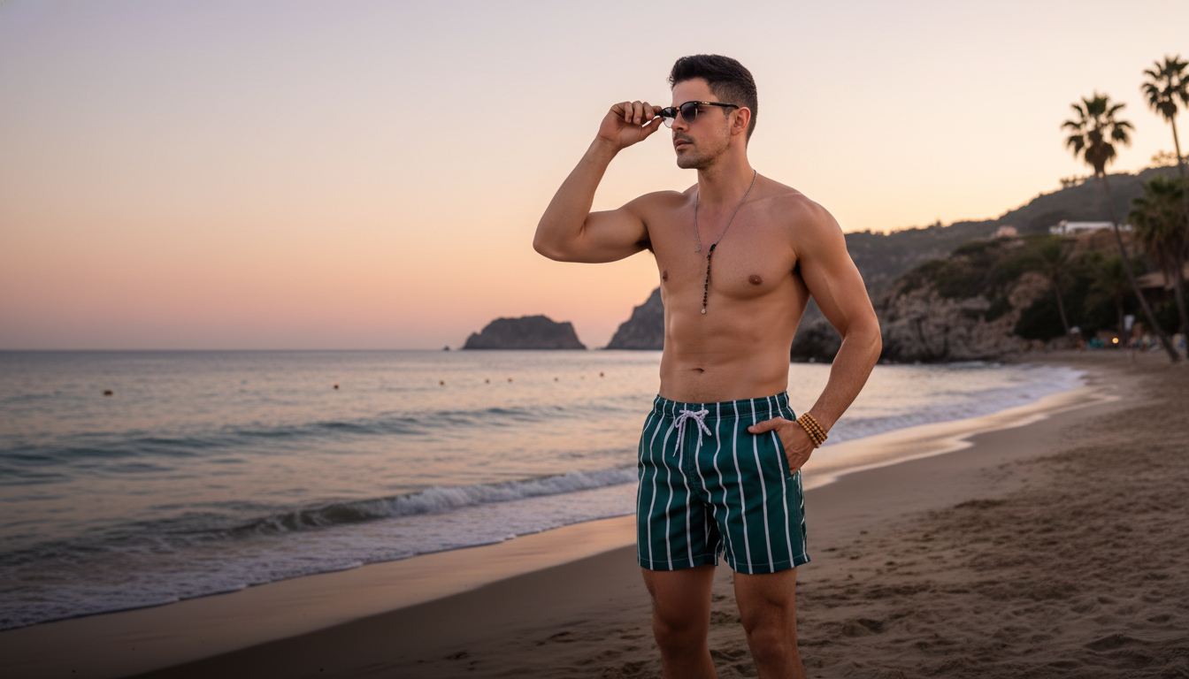 Male model in AUREN coastal stripe swim shorts on a luxurious Mediterranean beach at sunset.